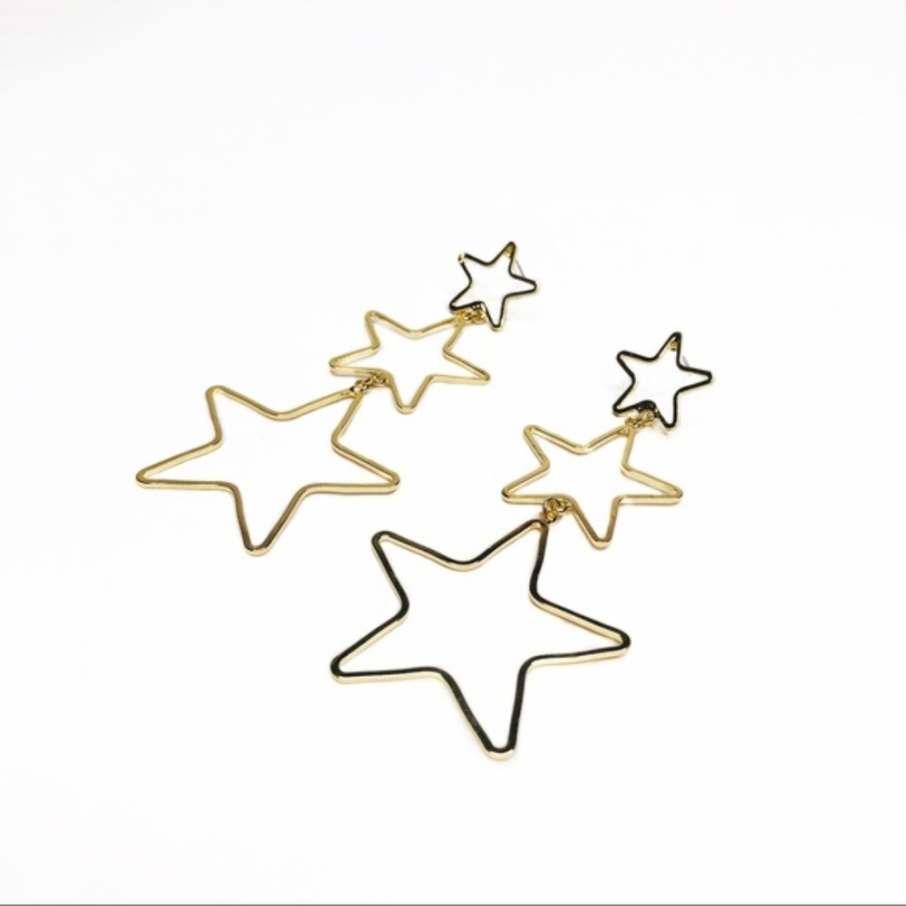 Triple Gold Star Dangle Earrings - Picture 2 of 3